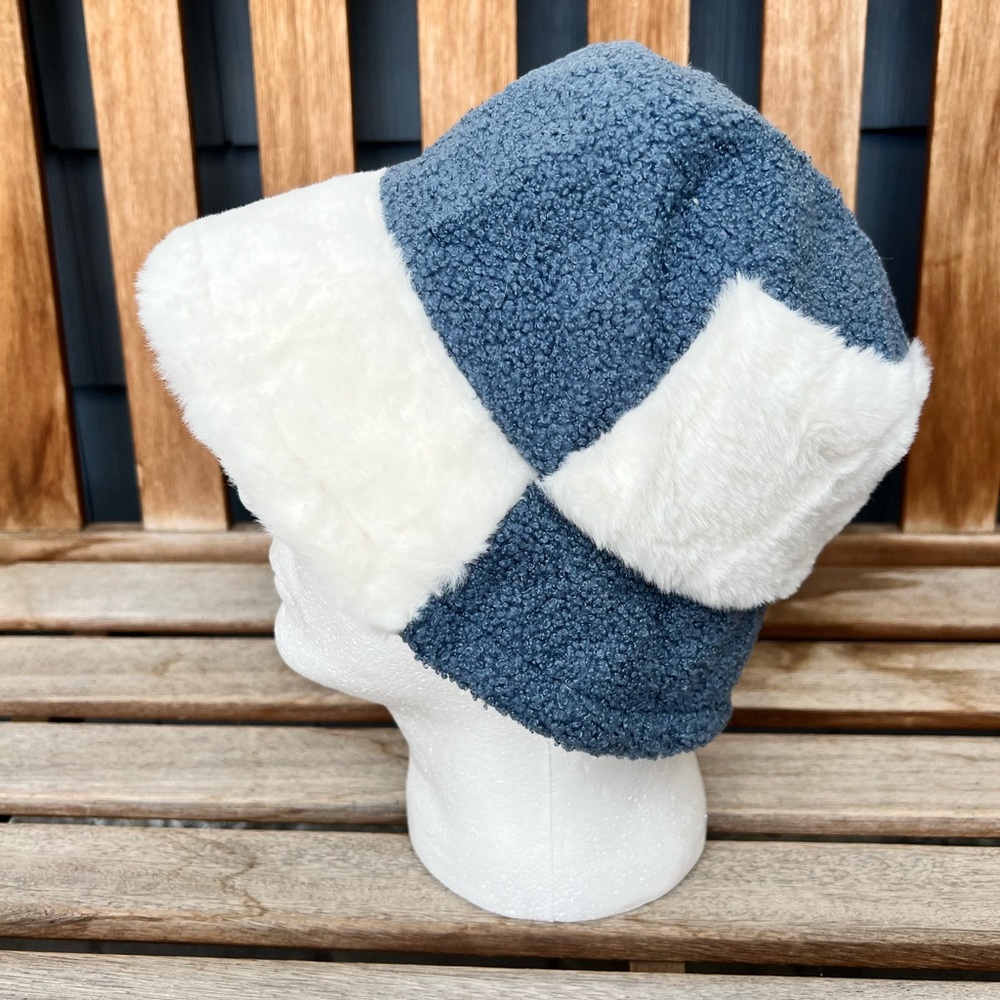 Blue and White Faux Fur Patch Bucket Hat